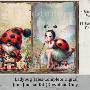 Printable Ladybug Tales Digital Junk Journal Complete Kit 28 Pages Sunflower Gnomes Fairies Scrapbook Art Gift Craft Supply Card Pockets PDF