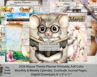 2026 Mouse Theme Planner Printable Full Color Monthly & Weekly Calendar | Gratitude Journal Pages Digital Download Mouse Style Organizer