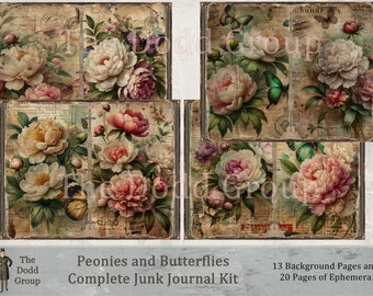 Peonies and Butterflies Complete Junk Journal Digital Kit 13 Background and 20 Ephemera Pages Digital Download Easy PDF Scrapbook Craft