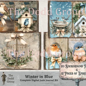 Winter in Blue Digital Junk Journal Kit Birds, Nests, Snowy Pine Branches 20 Backgrounds 12 Ephemera Sheets Instant Download The Dodd Group