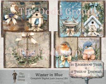 Winter in Blue Digital Junk Journal Kit Birds, Nests, Snowy Pine Branches 20 Backgrounds 12 Ephemera Sheets Instant Download The Dodd Group