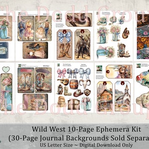 May include: A digital download ephemera kit with a Wild West theme. The kit includes 10 pages of images with cowboy boots, cacti, flowers, and other Western-themed elements. The kit is designed for use in scrapbooking, card making, and other paper crafts.