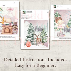 May include: A printable papercraft Christmas card kit with three different designs. The first design features a girl in a blue dress standing in front of a fireplace with a nutcracker. The second design features a deer standing in a snowy forest. The third design features a ballerina dancing with a mouse playing a trumpet.