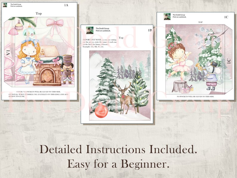 May include: A printable papercraft Christmas card kit with three different designs. The first design features a girl in a blue dress standing in front of a fireplace with a nutcracker. The second design features a deer standing in a snowy forest. The third design features a ballerina dancing with a mouse playing a trumpet.