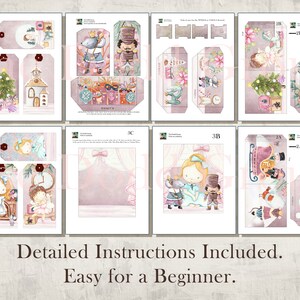 May include: Printable Christmas paper craft kit featuring a Nutcracker theme. The kit includes a variety of tags, boxes, and other decorations. The paper is pink with watercolor illustrations of a Nutcracker, a ballerina, a mouse, and a Christmas tree.