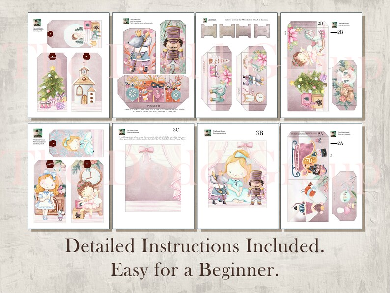May include: Printable Christmas paper craft kit featuring a Nutcracker theme. The kit includes a variety of tags, boxes, and other decorations. The paper is pink with watercolor illustrations of a Nutcracker, a ballerina, a mouse, and a Christmas tree.