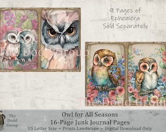 Owl for All Seasons 16 Pages for Junk Journals, Printable Background Pages, Floral, Spring, Fall, Digital pdf download, TheDoddGroup Craft