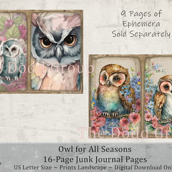 Owl for All Seasons 16 Pages for Junk Journals, Printable Background Pages, Floral, Spring, Fall, Digital pdf download, TheDoddGroup Craft