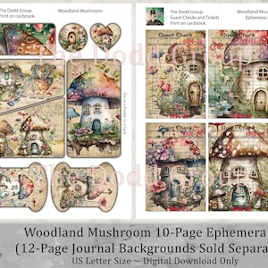 May include: A digital printable ephemera kit featuring whimsical mushroom houses with colorful details. The kit includes guest checks, tickets, and other ephemera for a woodland-themed party or event. The kit is designed to print on cardstock.