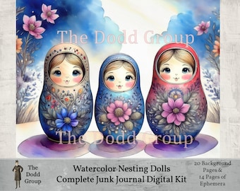 Watercolor Nesting Dolls Junk Journal Kit, PDF Digital Download, 20 Background Pages and 14 Ephemera Pages Floral Fabergé Eggs TheDoddGroup