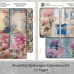 Beautiful Hydrangea 12 Page Digital Junk Journal Ephemera Kit Shabby Grunge Style, Printable PDF Handcrafted Treasure Altered Art