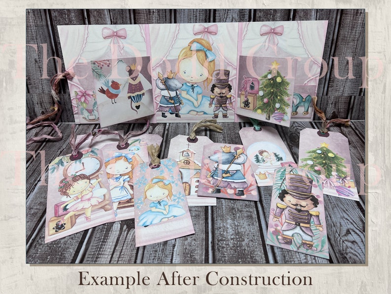 May include: A set of nine Christmas-themed gift tags featuring illustrations of a nutcracker, a ballerina, a mouse, a Christmas tree, and a snow globe. The tags are printed on a pink background with white accents and have a rustic, vintage aesthetic.