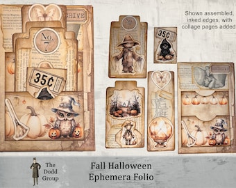 Fall Halloween Ephemera Folio Folder Pockets, Journal Tags, Cards, Fussy Cut Ephemera for Junk Journals Easy Kid Craft Autumn Junk Journal
