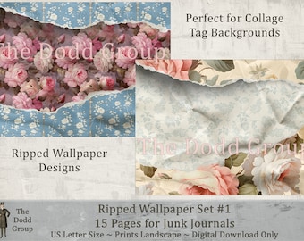 Vintage Look Ripped Wallpaper Pages for Junk Journals or Journal Cards, Floral, Cottagecore Digital Download, Printable PDF, TheDoddGroup