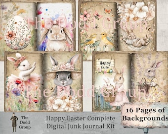 Happy Easter Digital Junk Journal Kit 16 Background Pages and 12 Ephemera Sheets Printable PDF Files Spring Bunny Flowers The Dodd Group