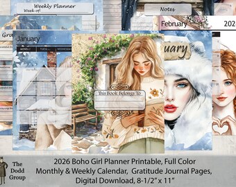 2026 Boho Girl Planner Printable Full Color Monthly & Weekly Calendar | Gratitude Journal Pages | Digital Download Bohemian Style Organizer
