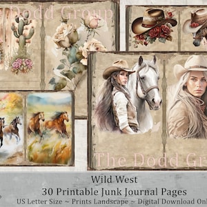 Wild West 30 Page Printable Junk Journal Kit Cowboy Cowgirl Horse Gingham Cottagecore Boot Design Rustic Charm DIY Craft Digital Download