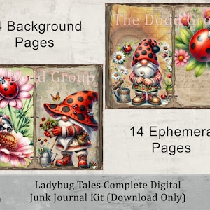 以下が含まれることがあります： てんとう虫をテーマにした、14ページの背景と14ページの飾りページを含むデジタルジャンクジャーナルキット。キットには、てんとう虫、ノーム、花、ヴィンテージスタイルのテキストの画像が含まれています。