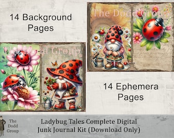 Printable Ladybug Tales Digital Junk Journal Complete Kit 28 Pages Sunflower Gnomes Fairies Scrapbook Art Gift Craft Supply Card Pockets PDF