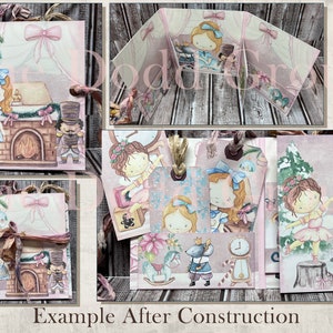 May include: A set of six Christmas-themed paper cards featuring a ballerina, a nutcracker, a fireplace, a clock, and a winter scene. The cards are decorated with pink, white, and gold accents.