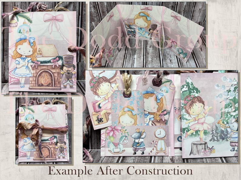 May include: A set of six Christmas-themed paper cards featuring a ballerina, a nutcracker, a fireplace, a clock, and a winter scene. The cards are decorated with pink, white, and gold accents.