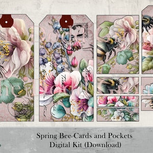 Spring Bee Journal Pockets and Cards for Junk Journals Ephemera Printable PDF Digital Download DIY Crafts Scrapbook Design Art Cottagecore