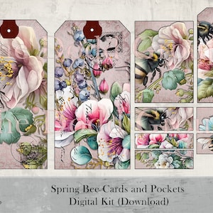 May include: Digital download kit of printable cards and pockets featuring watercolor illustrations of bees and flowers. The design includes pink and white flowers, green leaves, and bees with black and yellow stripes.