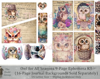Owl for All Seasons 9 Pages of Ephemera for Junk Journal DIY Craft Art Floral Printable Digital Download PDF TheDoddGroup Craft Gift for Her