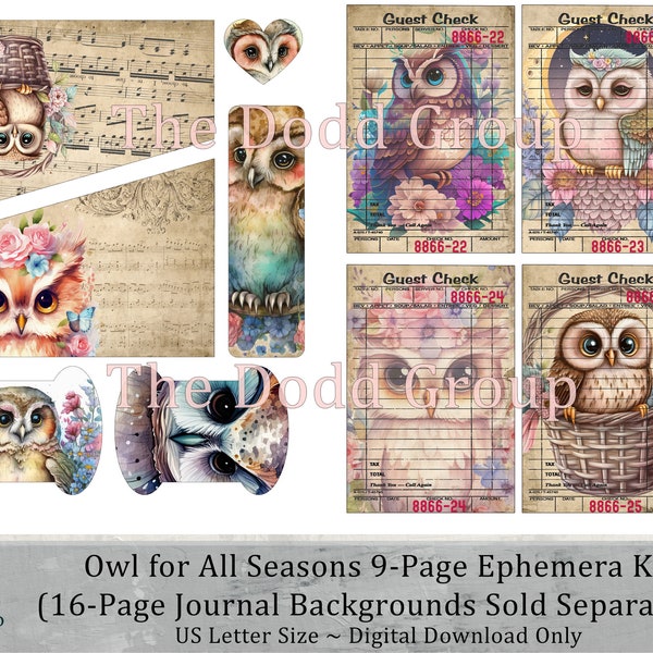 Owl for All Seasons 9 Pages of Ephemera for Junk Journal DIY Craft Art Floral Printable Digital Download PDF TheDoddGroup Craft Gift for Her