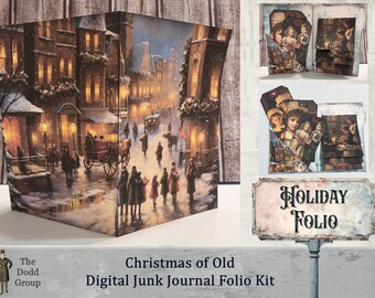 Christmas of Old Digital Junk Journal Waterfall Folio Kit 5-Panel Waterfall with Side Pocket & Journal Tags | Vintage Family Holiday Scenes