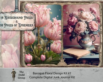 Baroque Floral Design Junk Journal Kit Printable Shabby Chic Journal Pages & Ephemera Roses, Hydrangeas, Butterflies Digital Download PDF