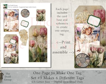 Tag Inspiration Kit Set #3 – 6-Page Junk Journal Tag Making, Shabby Vintage Romance Theme Vintage-Inspired Embellishments Treasure Altered