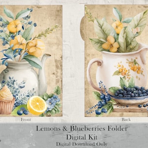 May include: A watercolour painting of a pitcher filled with yellow lemons and green leaves, with a lemon slice and a cupcake on the front, and a bowl of blueberries on the back. The text "Lemons & Blueberries Folder Digital Kit Digital Download Only" is at the bottom of the image.