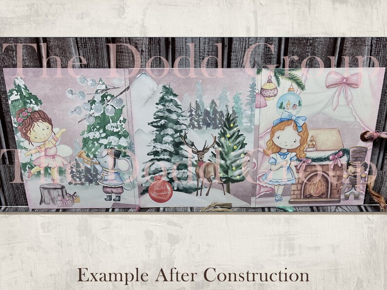 May include: A three-panel Christmas card featuring a winter scene with a ballerina, a mouse playing a trumpet, a deer, and a girl in a blue dress. The card has a pink background and a wooden frame.