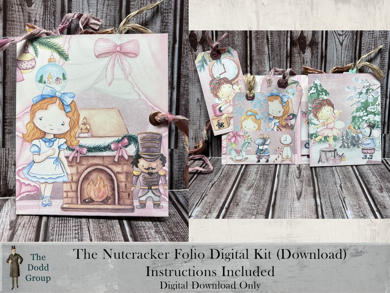 May include: A digital kit for creating a Nutcracker-themed folio. The kit includes a printable cover featuring a girl in a blue dress standing next to a nutcracker and a fireplace, as well as several printable tags with various Nutcracker-themed illustrations.