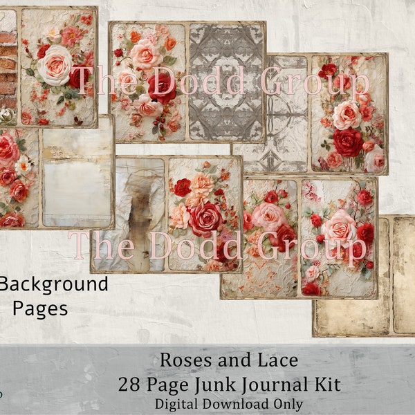 Roses and Lace Printable Junk Journal Kit 15 Background, 14 Ephemera Pages Digital Download Easy PDF Paper Scrapbook Craft Supply Art Gift