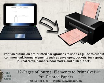 Print over design on paper to create cutout shapes, template overlay files to print on pre-printed backgrounds Junk Journal Ephemera Kit #1