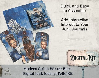 Modern Girl in Winter Blue Digital Junk Journal Folio Kit | 5-Flap Waterfall, Side Pocket & Tags | Modern Holiday Girl Design Christmas Gift