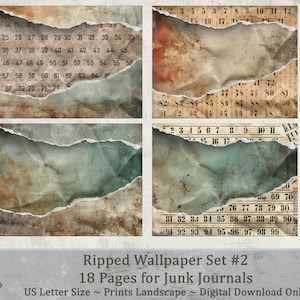 May include: A set of 18 digital printable pages featuring ripped and distressed paper textures in shades of brown, blue, and green. The pages are numbered and perfect for use in junk journals.