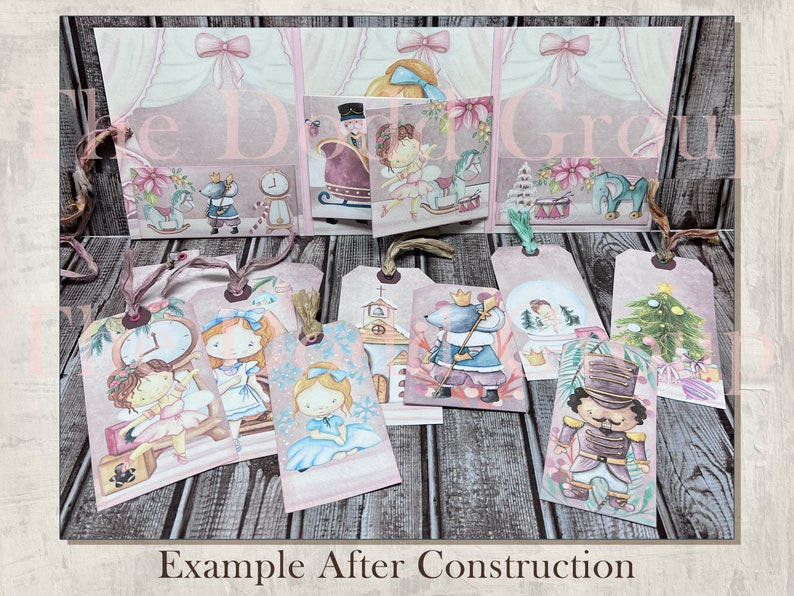 May include: A set of 10 Christmas-themed gift tags featuring illustrations of a nutcracker, a mouse, a clock, a girl in a blue dress, a girl in a white dress, a girl in a pink dress, a church, a snowman, a Christmas tree, and a rocking horse. The tags are printed on a textured paper with a pink and white background.