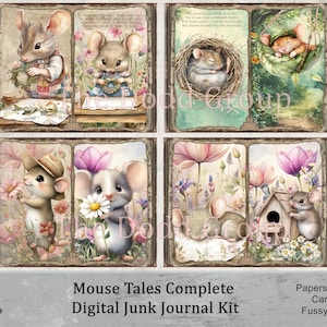 Mouse Tales Digital Junk Journal Kit – 18 Double-Sided Pages + 14 Ephemera Sheets  Printable Mouse Journal Cards, Pockets, Tags & Fussy Cuts