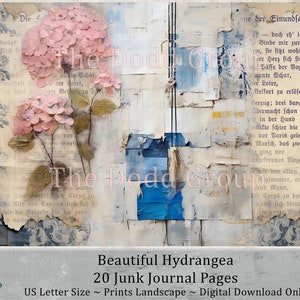 Beautiful Hydrangea Digital Junk Journal Printable Pages - Shabby & Grunge Style - 20 Landscape Borderless Backgrounds Easy PDF Download Art