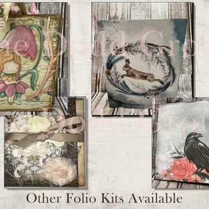 May include: Four different folio kits with various themes. The first kit features a girl with a pink flower, the second kit features a rabbit in a wreath, the third kit features a basket of flowers, and the fourth kit features a crow with a rose.