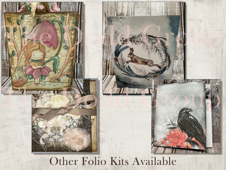 May include: Four different folio kits with various themes. The first kit features a girl with a pink flower, the second kit features a rabbit in a wreath, the third kit features a basket of flowers, and the fourth kit features a crow with a rose.