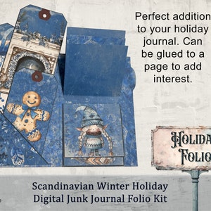 Scandinavian Winter Holiday Digital Junk Journal Folio Kit, 5-Flap Waterfall Side Pocket 3 Tags Fussy Cuts Blue Holiday Theme Printable PDF