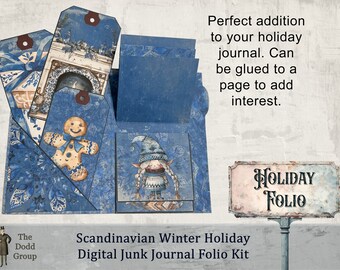 Scandinavian Winter Holiday Digital Junk Journal Folio Kit, 5-Flap Waterfall Side Pocket 3 Tags Fussy Cuts Blue Holiday Theme Printable PDF