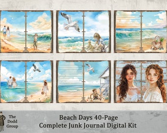 Beach Days Digital Junk Journal Kit 40-Page Complete Kit Coastal Themed, 20 Background and 20 Ephemera Pages Digital Download Easy PDF Art