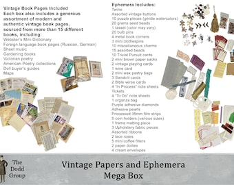 Junk Journal Starter Kit, Vintage and Foreign Book Pages, Ribbons, Embellishments, 1.5 pounds of Inspiration