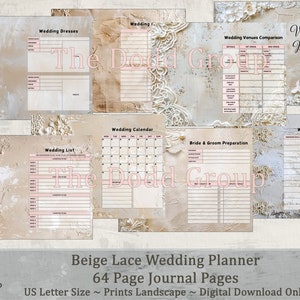 Beige Lace Wedding Planner Organizer Binder Scrapbook 64 Page PDF Download Junk Journal Kit Printable Details Bridal Bride Gift Keepsake art