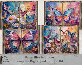 Butterflies in Bloom Complete Junk Journal Digital Kit – 20 Background Pages & 14 Ephemera Pages – Spring Floral Butterfly Printable Art PDF